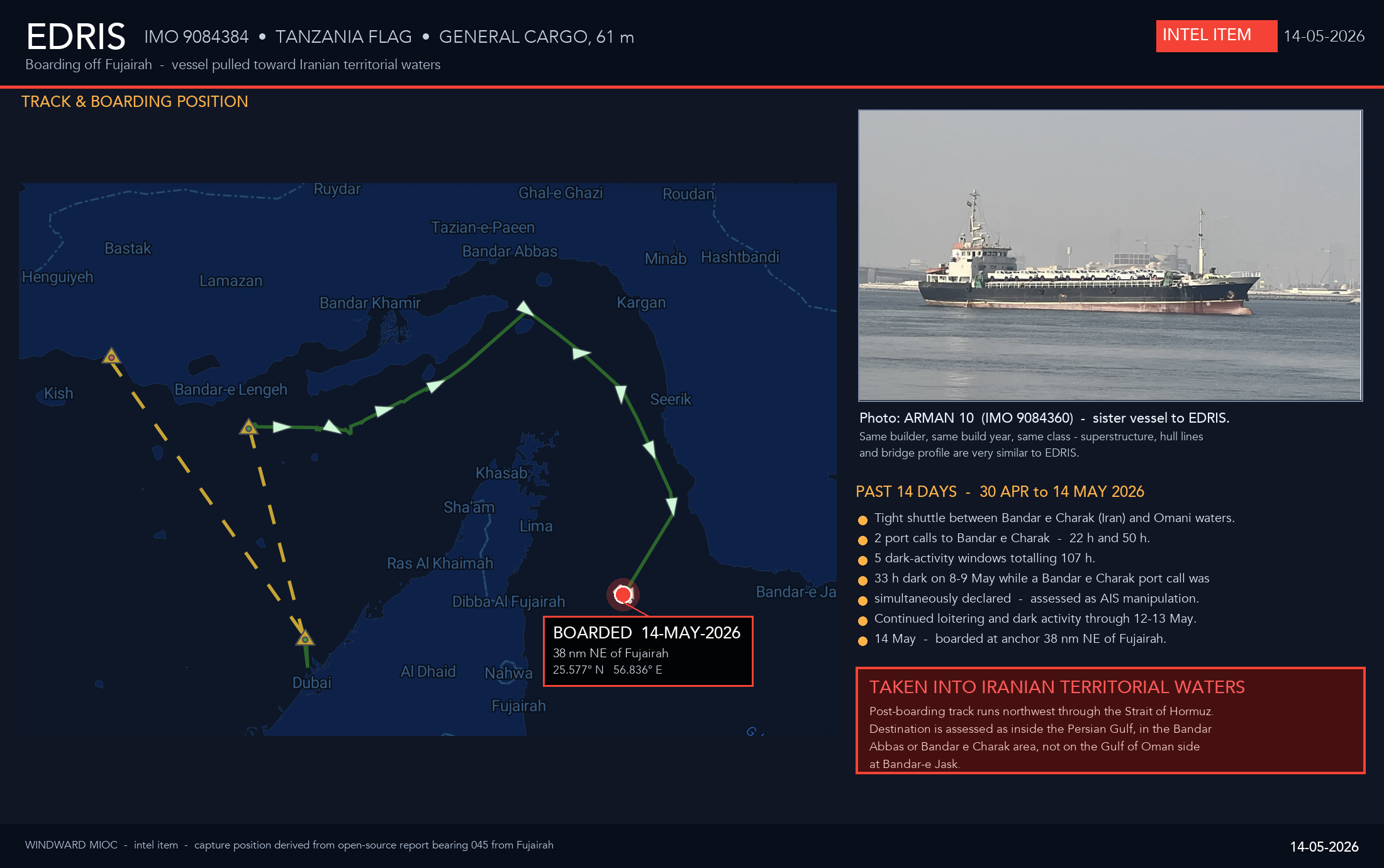 EDRIS — boarded at anchor · Gulf of Oman · 14 May 2026